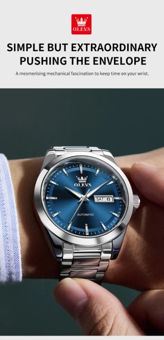 Reloj Olevs Automático Hombre Azul Plateado