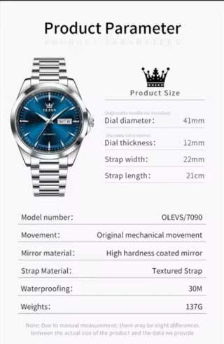 Reloj Olevs Automático Hombre Azul Plateado