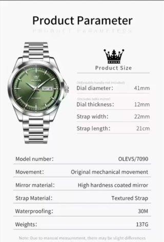 Reloj Olevs Automático Hombre Verde Plata