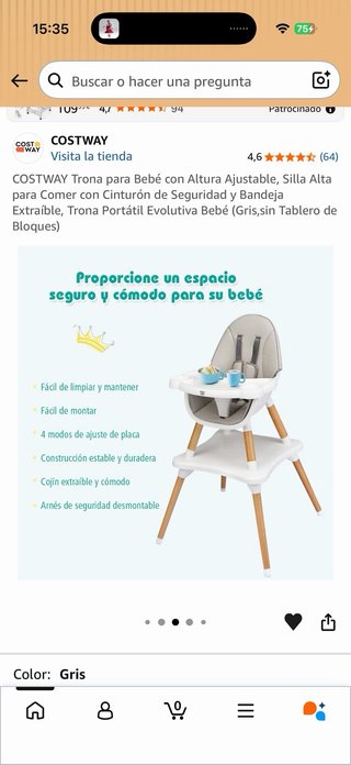 Trona Costway Bebé Gris Ajustable