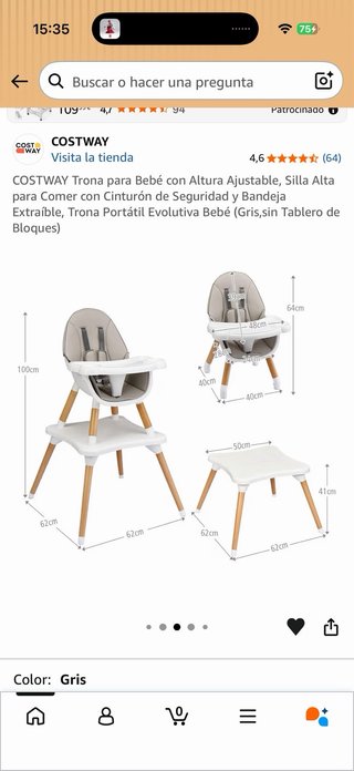 Trona Costway Bebé Gris Ajustable