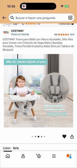 Trona Costway Bebé Gris Ajustable