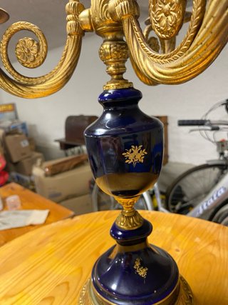 Candelabro 3 fiamme ottone-porcellana