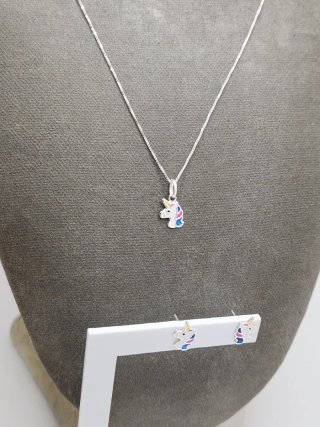 Conjunto Plata Ley Unicornio Collar Pendientes