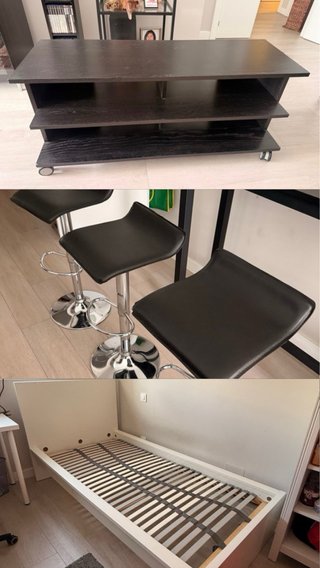 Pack Muebles: Mesa TV, 3 Taburetes, Cama
