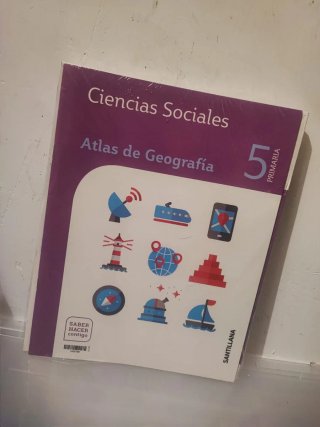 libro y Atlas de geografía ciencias sociales 5 pri