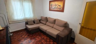 Sofá Cheslong tela beige/marrón