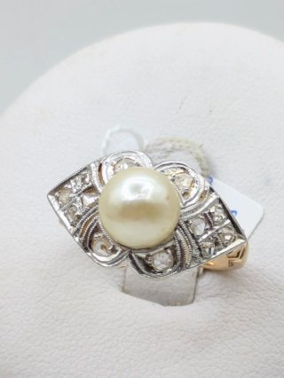 Anillo Oro 18k Perla y Diamantes