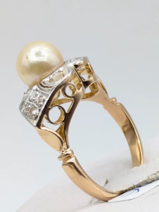 Anillo Oro 18k Perla y Diamantes