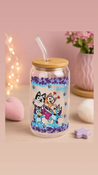 Taza Vidrio con Tapa Bambú y Pajita