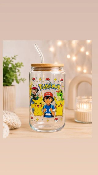 Taza Vidrio con Tapa Bambú y Pajita