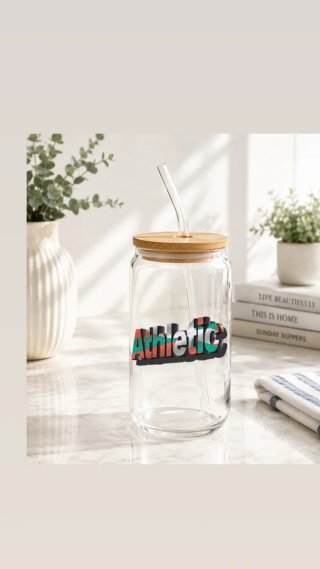 Taza Vidrio con Tapa Bambú y Pajita