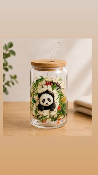 Taza Vidrio C/Pajita y Tapa Bambú