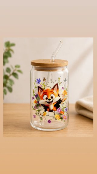 Taza Vidrio C/Pajita y Tapa Bambú