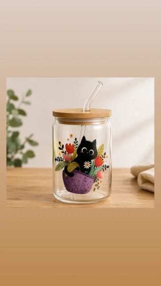 Taza Vidrio C/Pajita y Tapa Bambú