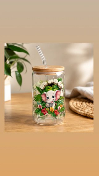 Taza Vidrio C/Pajita y Tapa Bambú