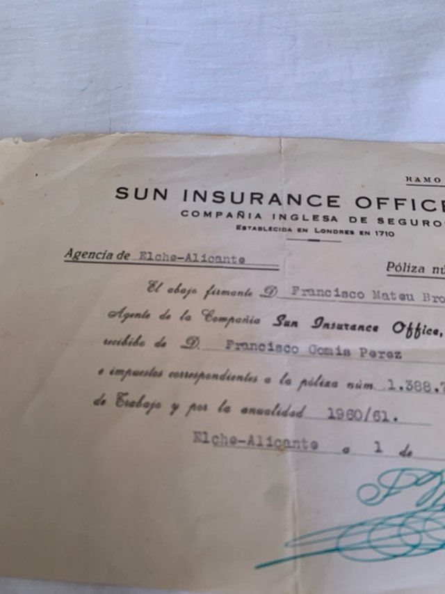 Recibo Seguro Sun Insurance Office 1960