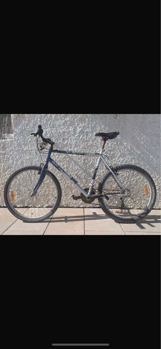 Bicicleta de montaña azul y plateada