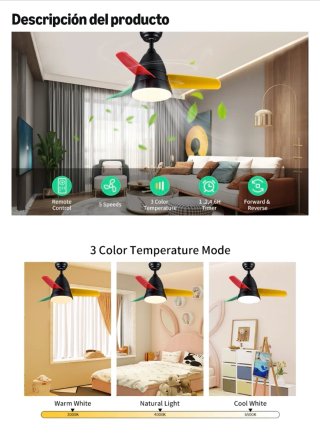 Ventilador de techo multicolor con luz silencioso