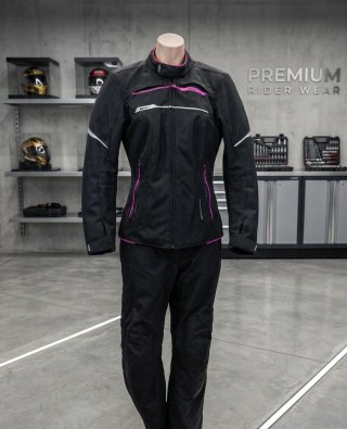 Cazadora y pantalón moto Mujer Negro/Rosa