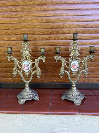 Pareja Candelabros Bronce Cerámica Vintage
