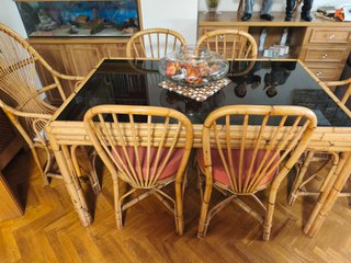 Conjunto Comedor Bambú Cristal 4 Sillas y 2 sillon