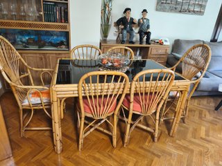 Conjunto Comedor Bambú Cristal 4 Sillas y 2 sillon