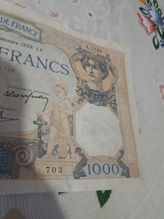Lote Billetes: Francia 1000 Francos y Rumanía 20 L