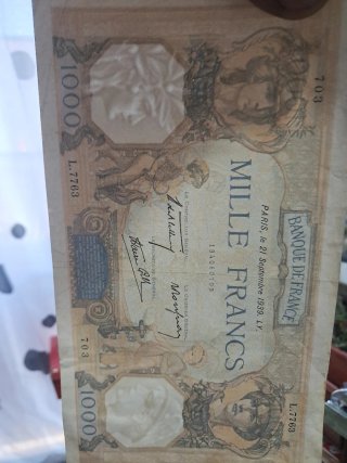 Lote Billetes: Francia 1000 Francos y Rumanía 20 L