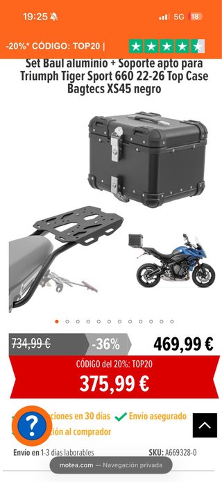 Baúl 45L Tiger Sport 660 + Soporte