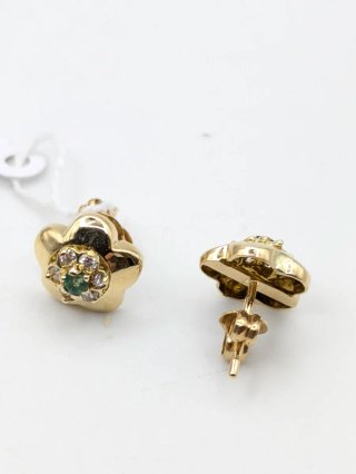 Pendientes Oro 18k Flor Circonitas Verdes y Blanca
