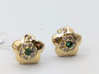 Pendientes Oro 18k Flor Circonitas Verdes y Blanca