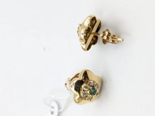Pendientes Oro 18k Flor Circonitas Verdes y Blanca
