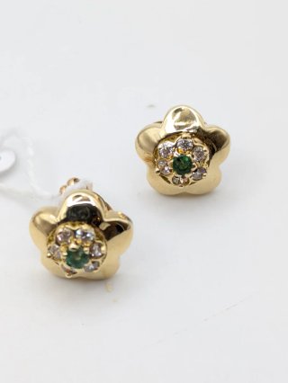 Pendientes Oro 18k Flor Circonitas Verdes y Blanca