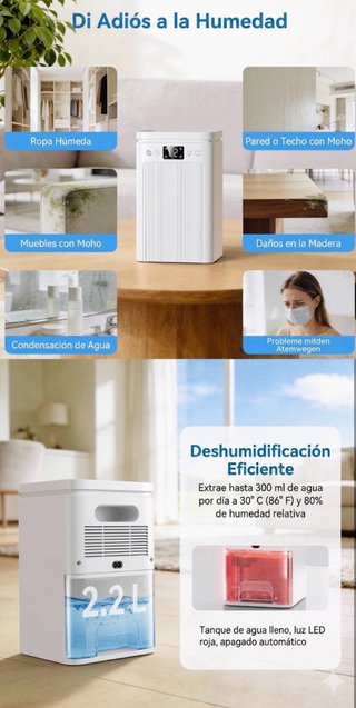 Deumidificatore Portatile con Serbatoio Acqua 2,2L