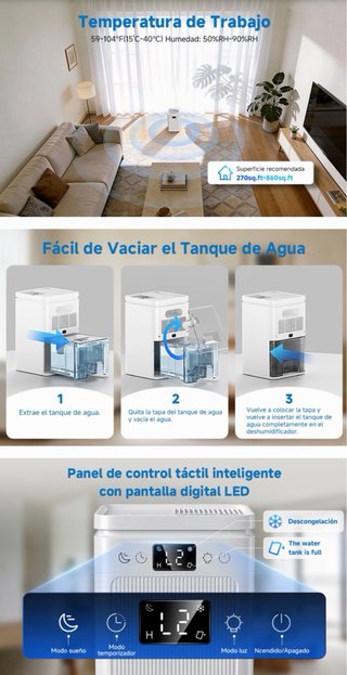 Deumidificatore Portatile con Serbatoio Acqua 2,2L
