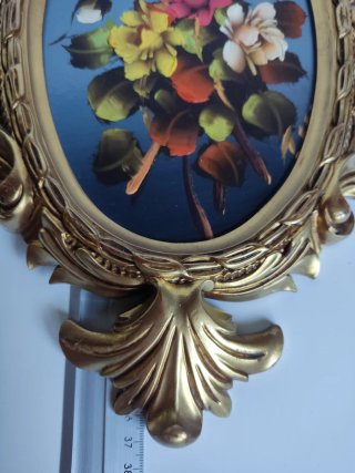 Quadro cornucopia in olio con fiori dorati antichi