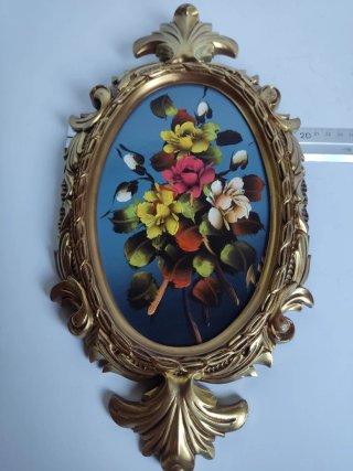 Quadro cornucopia in olio con fiori dorati antichi