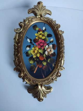 Quadro cornucopia in olio con fiori dorati antichi