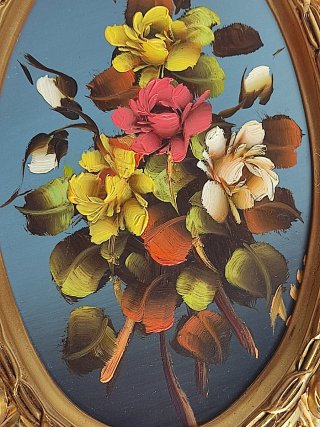 Quadro cornucopia in olio con fiori dorati antichi