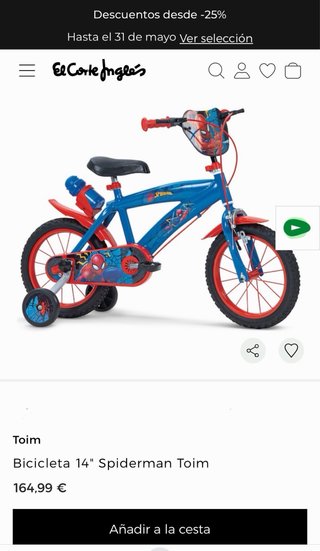 Bicicleta infantil Spiderman 14" (Toim) + Extras
