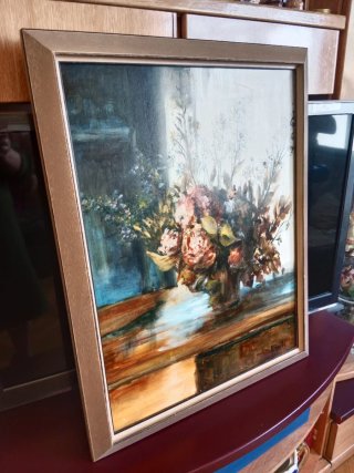 Cuadro óleo flores secas sobre madera
