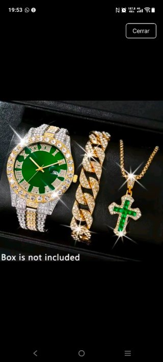 Reloj de oro y verde con cadena y cruz