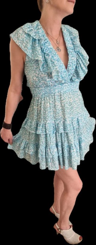 Vestido volantes estampado azul y blanco