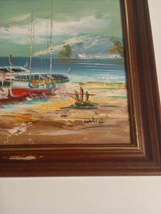 Cuadro de barcos en la playa,42x34cm