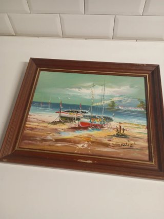 Cuadro de barcos en la playa,42x34cm