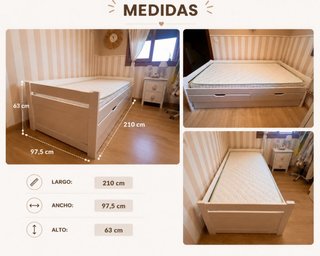 Cama juvenil blanca 90x200 con cajones + colchón.