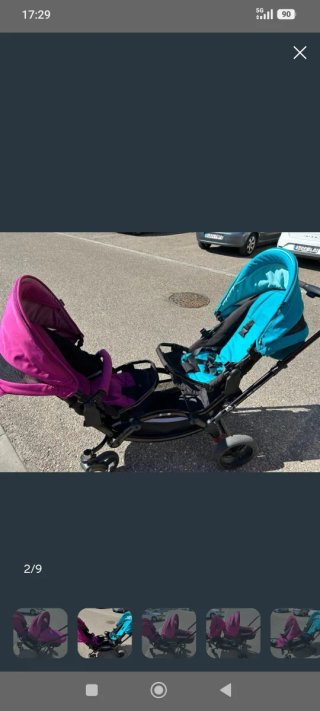 Carrito gemelar color fucsia y azul