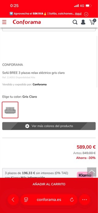 Sofá eléctrico Conforama BREE 2 plazas