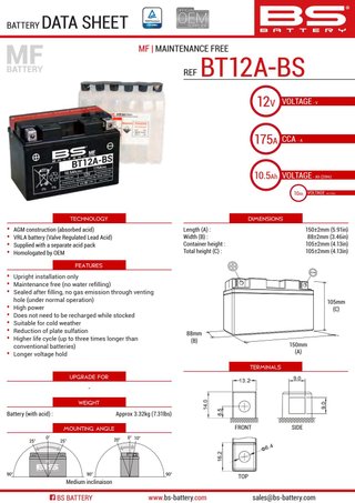 Bateria BT12A-BS sin mantenimiento 225D